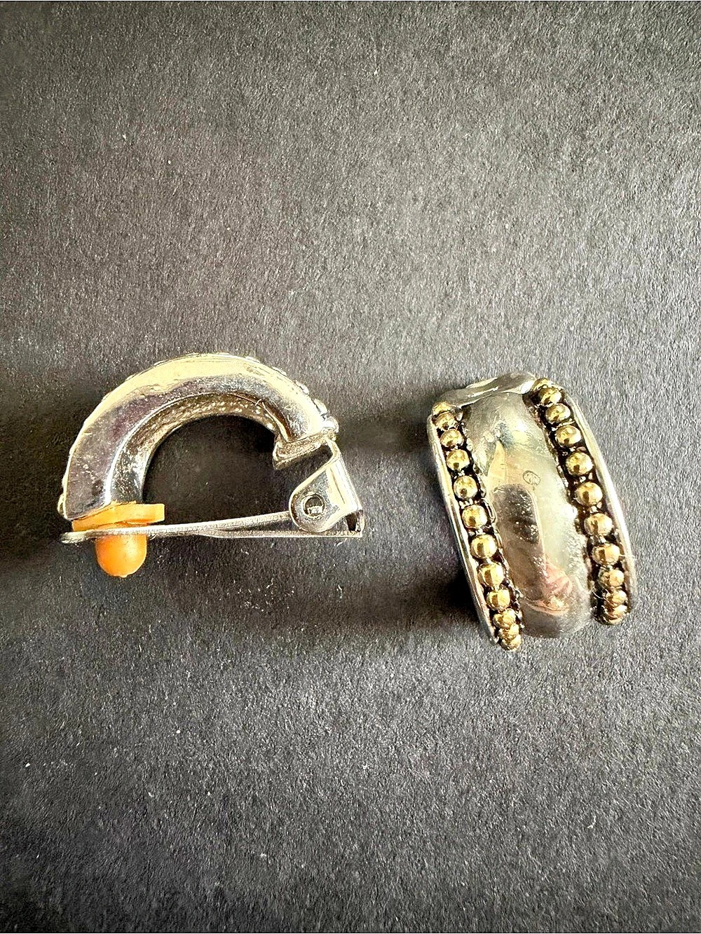 Vintage Two Tone Silver Gold Beaded Half Hoop Clip On Earrings Statement